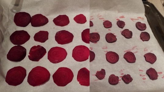 Before/after picture of baked beet chips