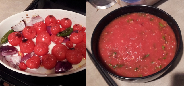 Before/after picture of roasted tomato salsa