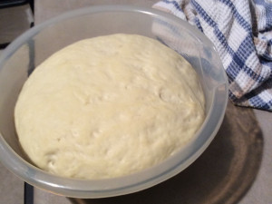 Dough after it was left to rise in a dry, warm spot (the oven) for 1.5 hours