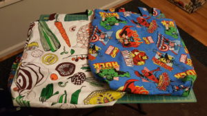 Vegetable and Marvel themed tote bags